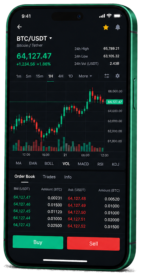Interfaz móvil de AlgoLuxTrade — gráfica en tiempo real BTC/USDT, libro de órdenes y panel operativo